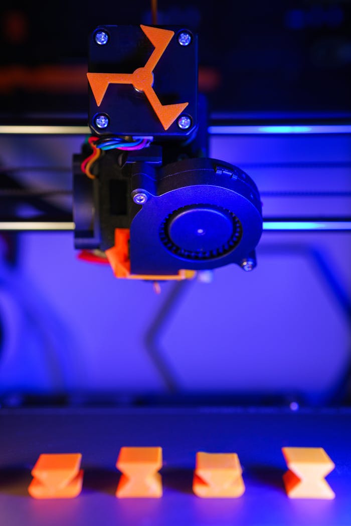 Mastering the First Impression: Your intriguing post title goes here A 3D printer illuminated with neon lights crafting vibrant orange models.