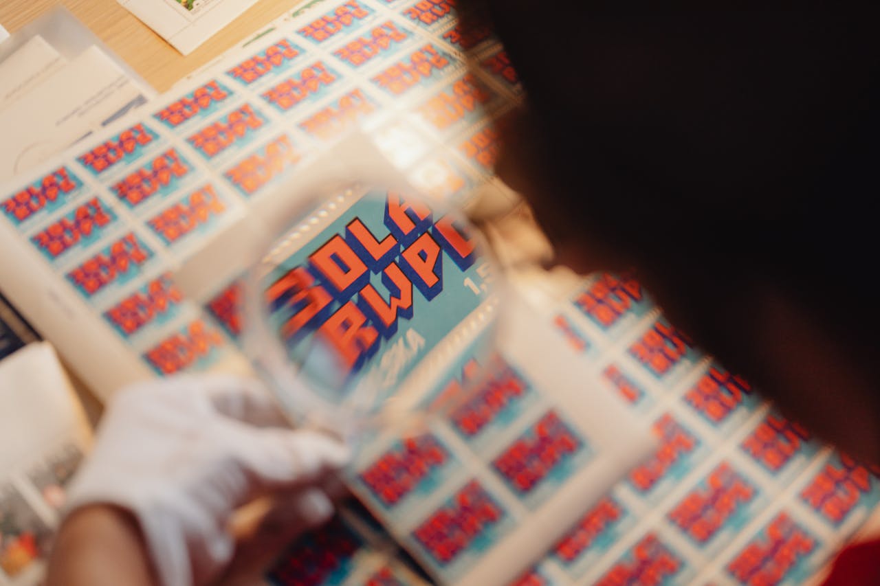 Home Focused view of stamps through a magnifying glass, emphasizing intricate details.